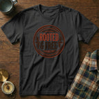 Black t-shirt with circular "Rooted & Free" graphic and a compass.