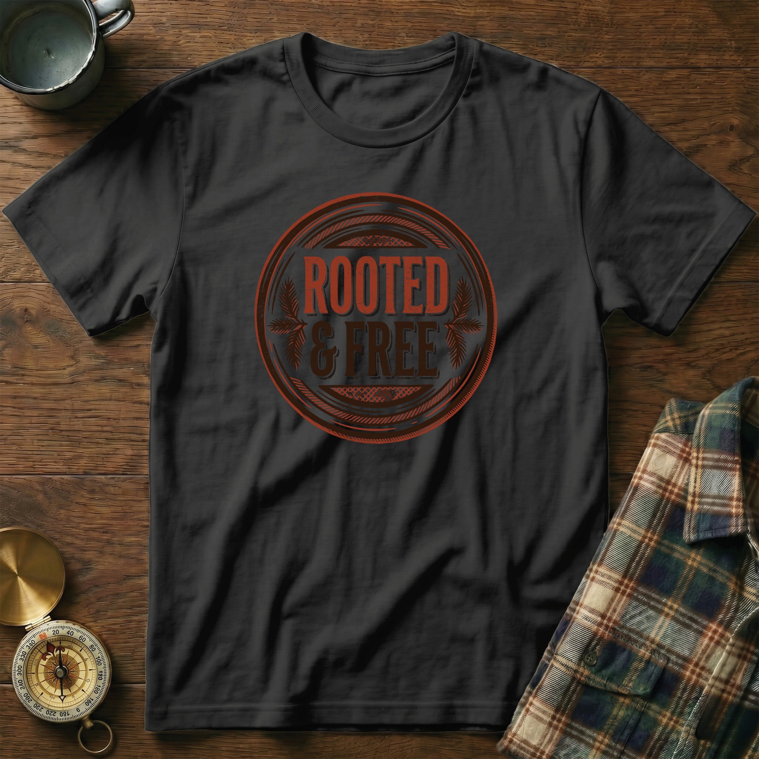Black t-shirt with circular "Rooted & Free" graphic and a compass.