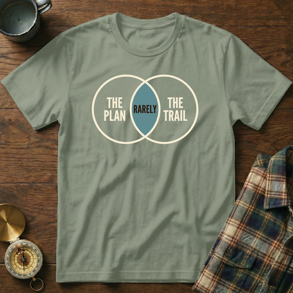 T-shirt with a Venn diagram graphic reading "The Plan," "Rarely," and "The Trail."