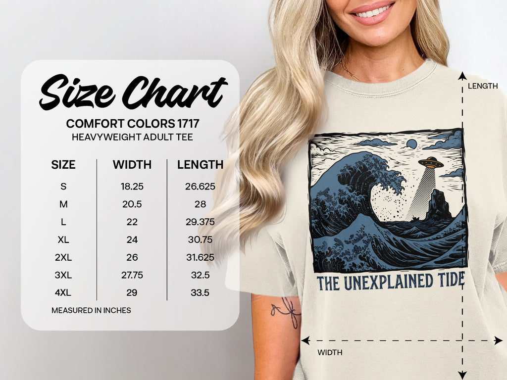 Comfort Colors 1717 heavyweight t-shirt size chart with measurements.