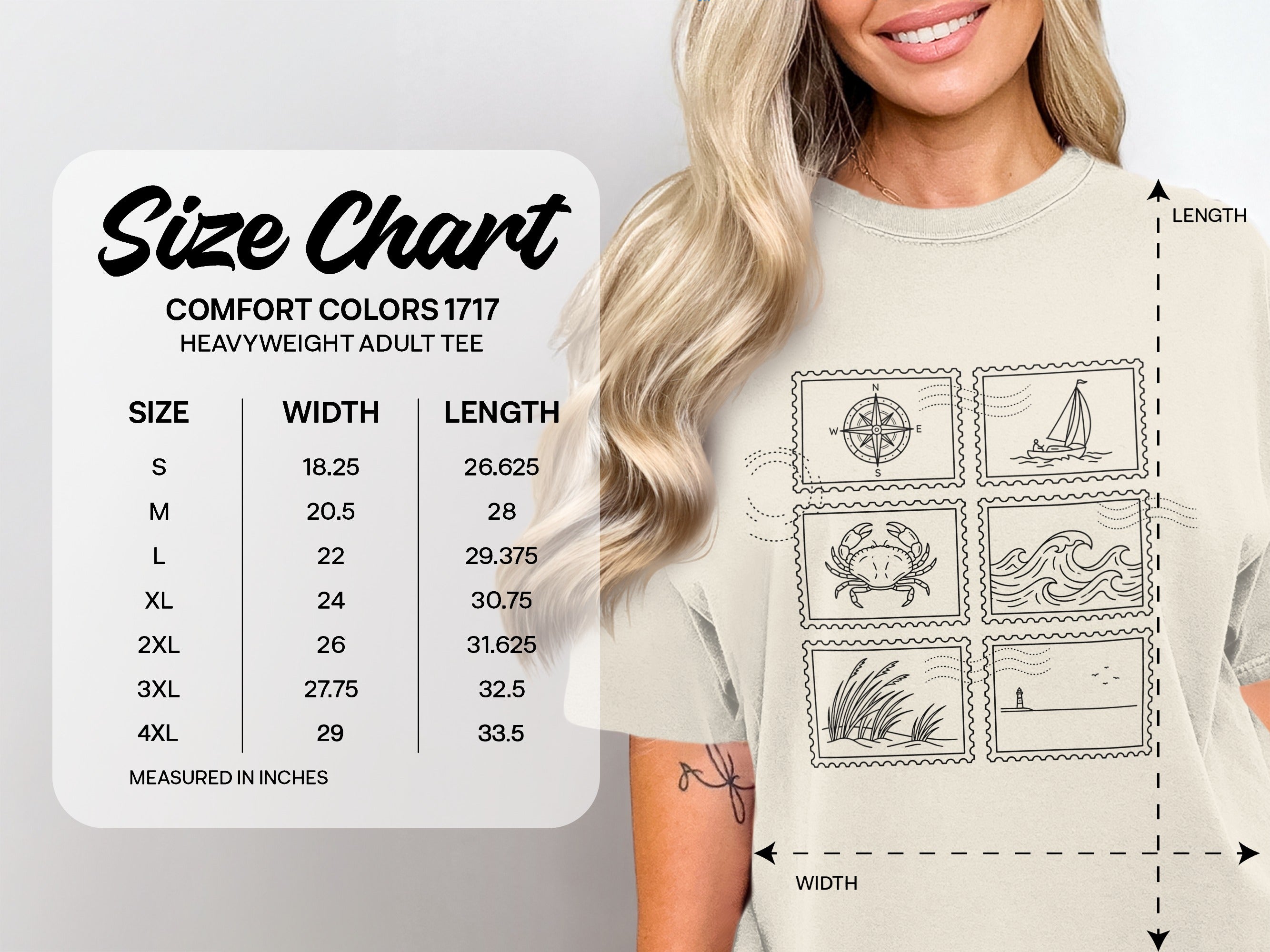 Size chart for Comfort Colors 1717 heavyweight adult tee.