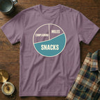 Purple t-shirt with a pie chart graphic reading "Complaining," "Miles," and "Snacks."