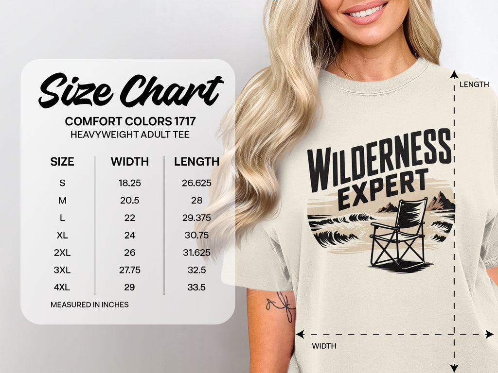 Comfort Colors 1717 heavyweight adult tee size chart with width and length measurements.