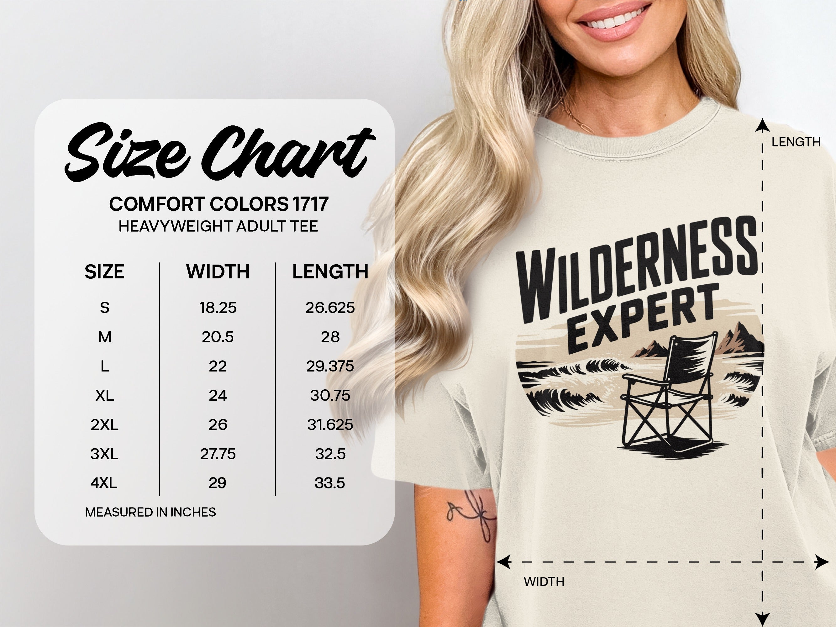 Comfort Colors 1717 heavyweight adult tee size chart with width and length measurements.