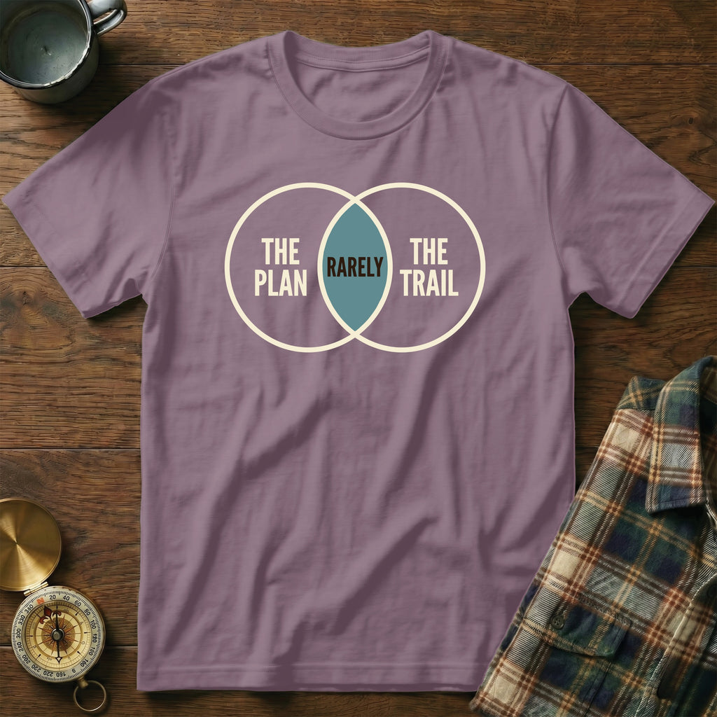Purple t-shirt with Venn diagram graphic: "The Plan", "Rarely", "The Trail".
