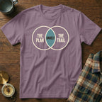 Purple t-shirt with Venn diagram graphic: "The Plan", "Rarely", "The Trail".