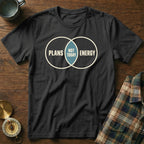 Black t-shirt with "Plans", "Not Today", and "Energy" in a Venn diagram graphic.