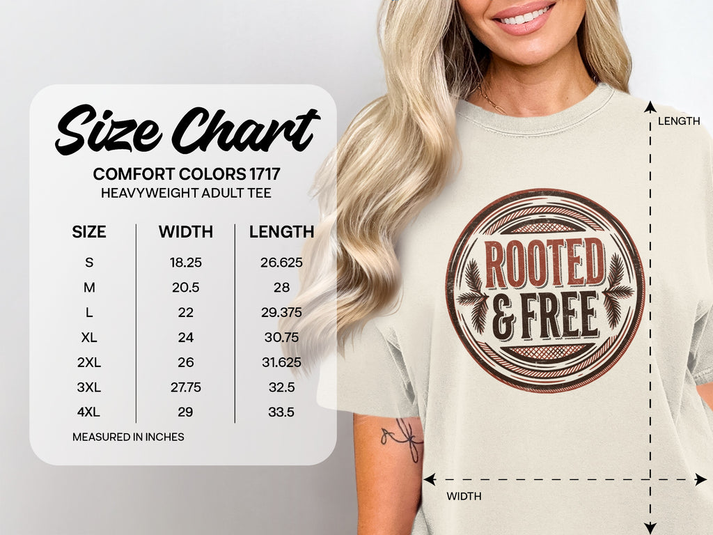 Comfort Colors 1717 Heavyweight Adult Tee size chart with width and length measurements.