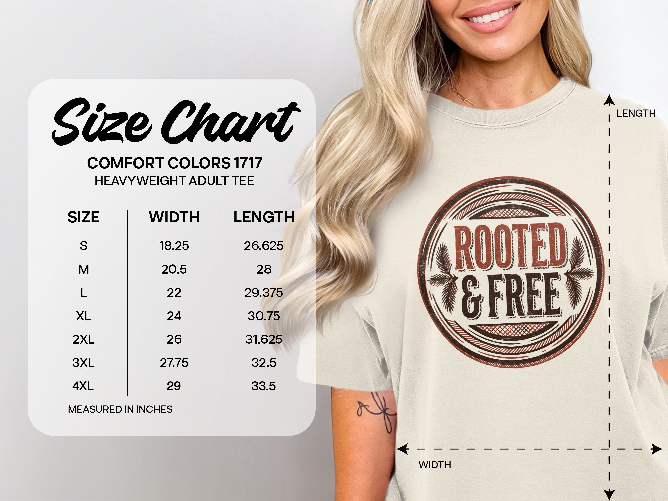 Comfort Colors 1717 Heavyweight Adult Tee size chart with width and length measurements.