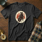 Black t-shirt with a circular graphic of a bear sitting in a camping chair with a mug.