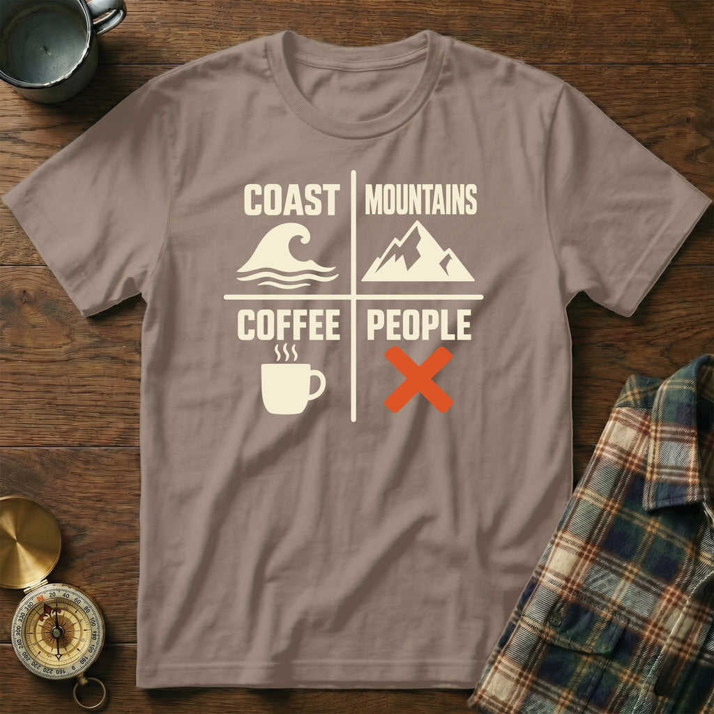 Brown t-shirt with "Coast Mountains Coffee People" graphic and icons.