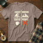 Brown t-shirt with "Coast Mountains Coffee People" graphic and icons.
