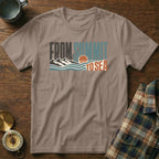 T-shirt with text "FROM SUMMIT TO SEA" and mountain-sea graphic.