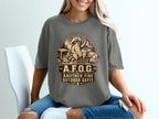 Grey t-shirt with graphic of raccoon holding boot, text "A.F.O.G. Another Fine Outdoor Gaffé".