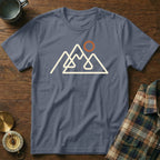 Grey t-shirt with abstract mountain and sun graphic.