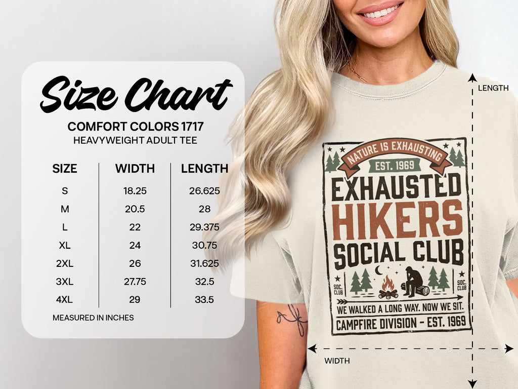 Size chart for heavyweight adult t-shirt with "Exhausted Hikers Social Club" graphic.