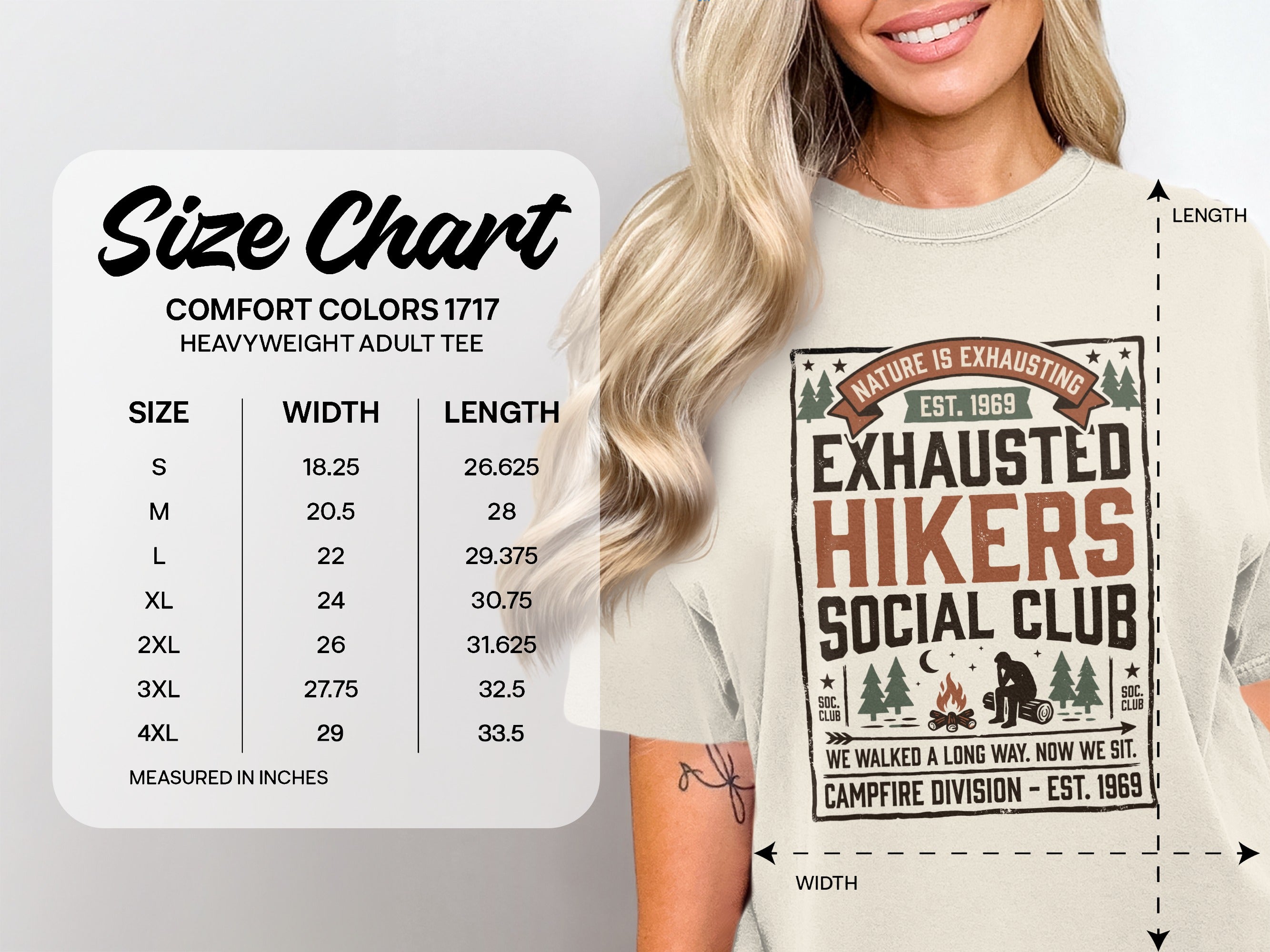 Size chart for heavyweight adult t-shirt with "Exhausted Hikers Social Club" graphic.