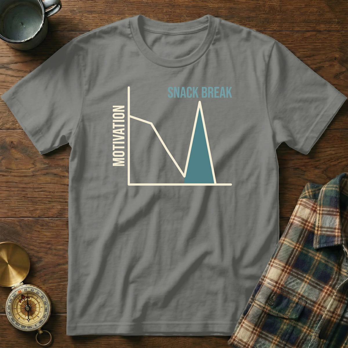Grey t-shirt with "Snack Break" and a motivation graph.