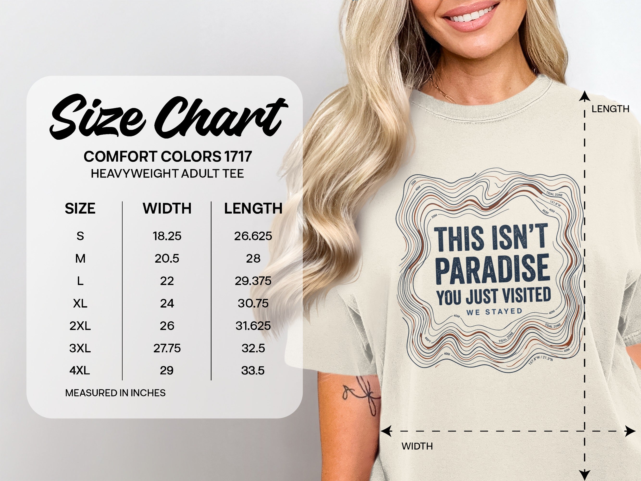Comfort Colors 1717 size chart for heavyweight adult tee with graphic.