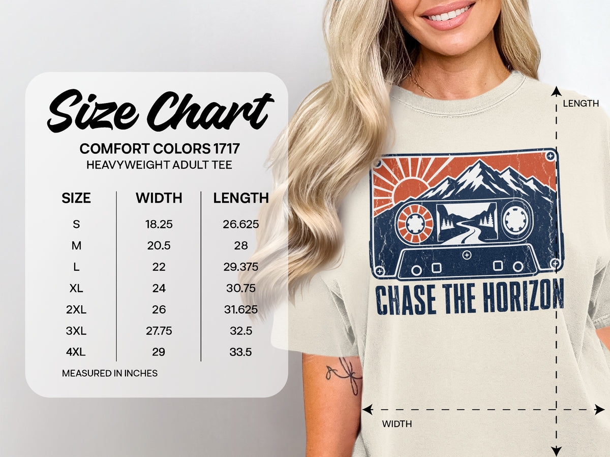 Size chart for Comfort Colors 1717 heavyweight adult tee with graphic "CHASE THE HORIZON".