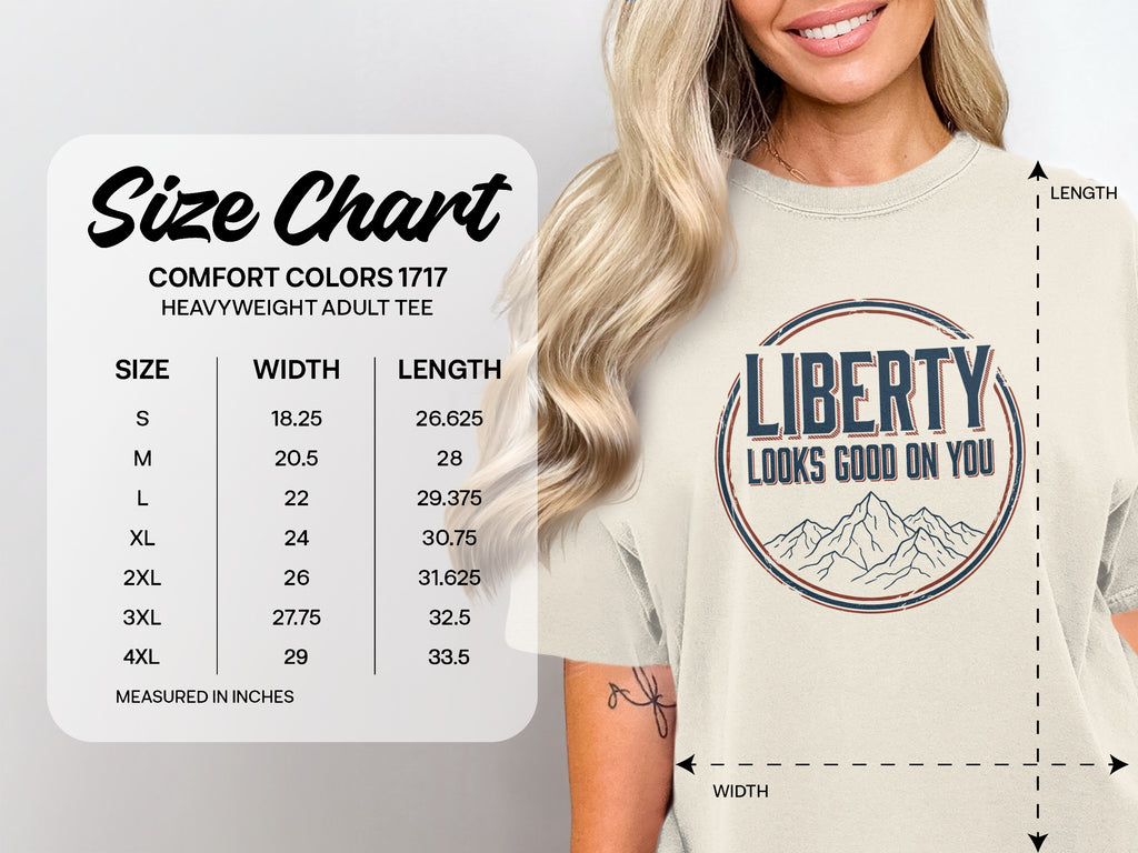 Comfort Colors 1717 heavyweight adult tee size chart with width and length measurements.