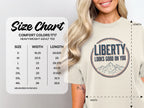 Comfort Colors 1717 heavyweight adult tee size chart with width and length measurements.
