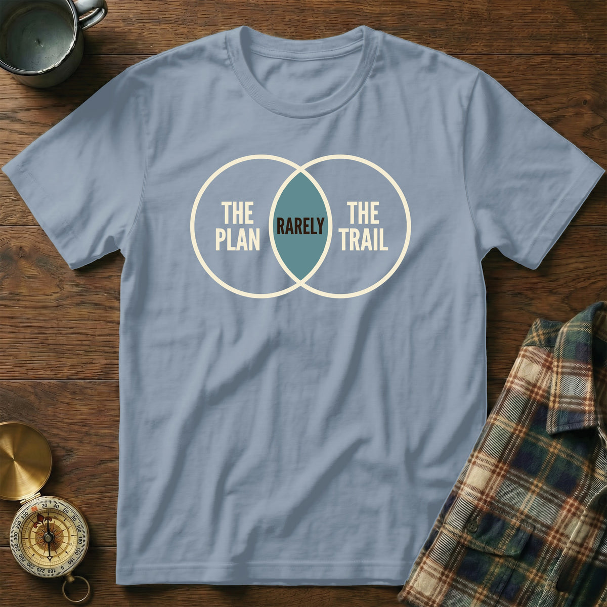 Light blue t-shirt with a Venn diagram graphic: "The Plan", "The Trail", and "Rarely" in the overlap.