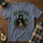 T-shirt with a bear sitting by a campfire, featuring text "Go Outside" and "Great View. Unclear Exit."