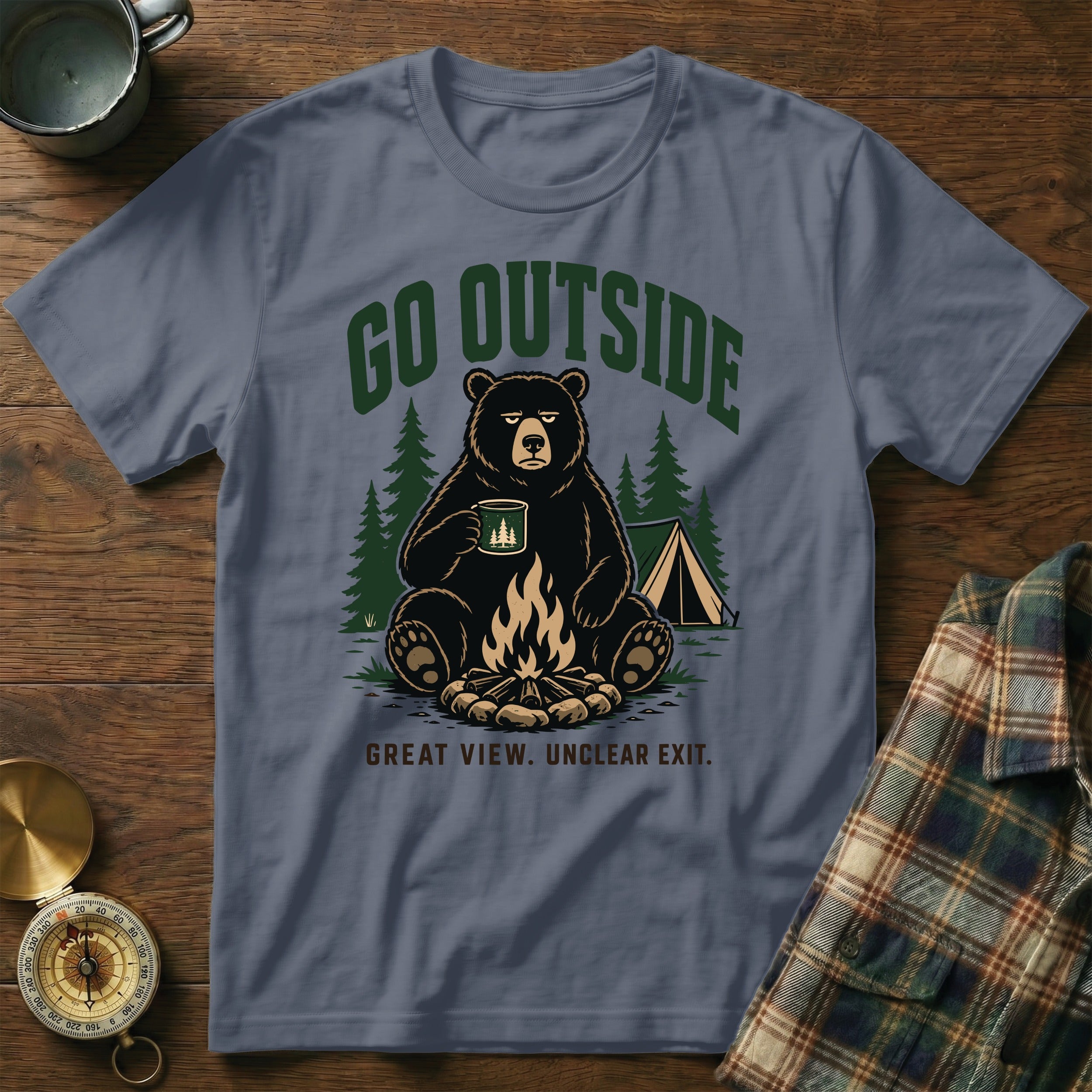T-shirt with a bear sitting by a campfire, featuring text "Go Outside" and "Great View. Unclear Exit."