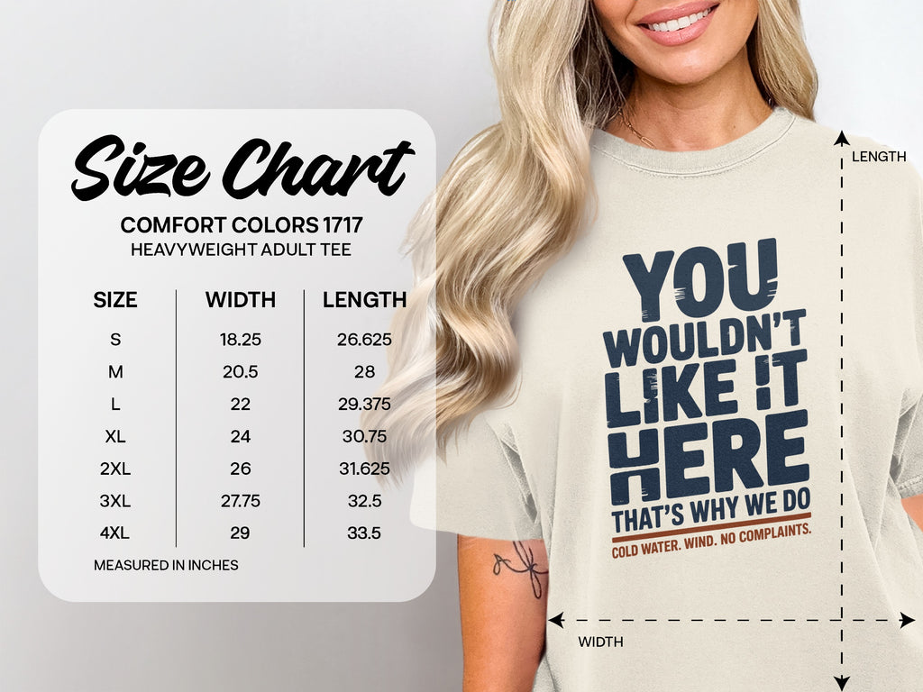 Comfort Colors 1717 heavyweight tee size chart with shirt graphic.