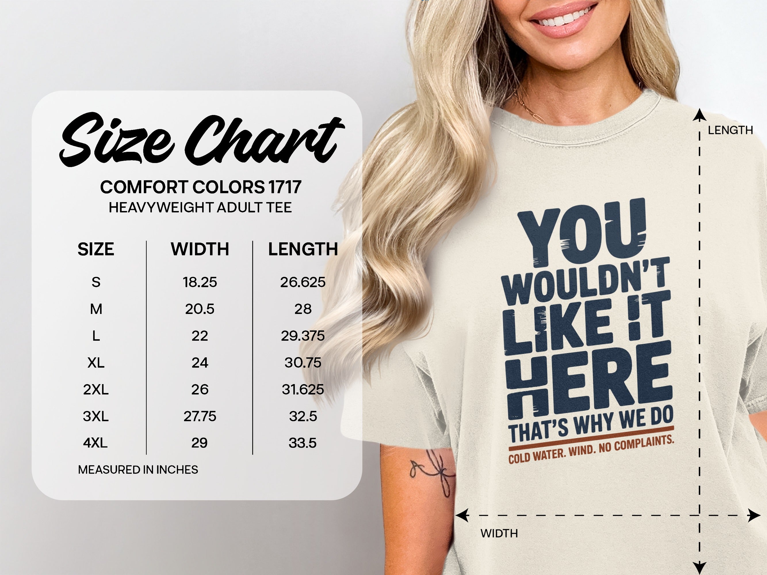 Comfort Colors 1717 heavyweight tee size chart with shirt graphic.