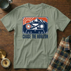 Sage t-shirt with vintage cassette tape graphic and "Chase the Horizon" text.