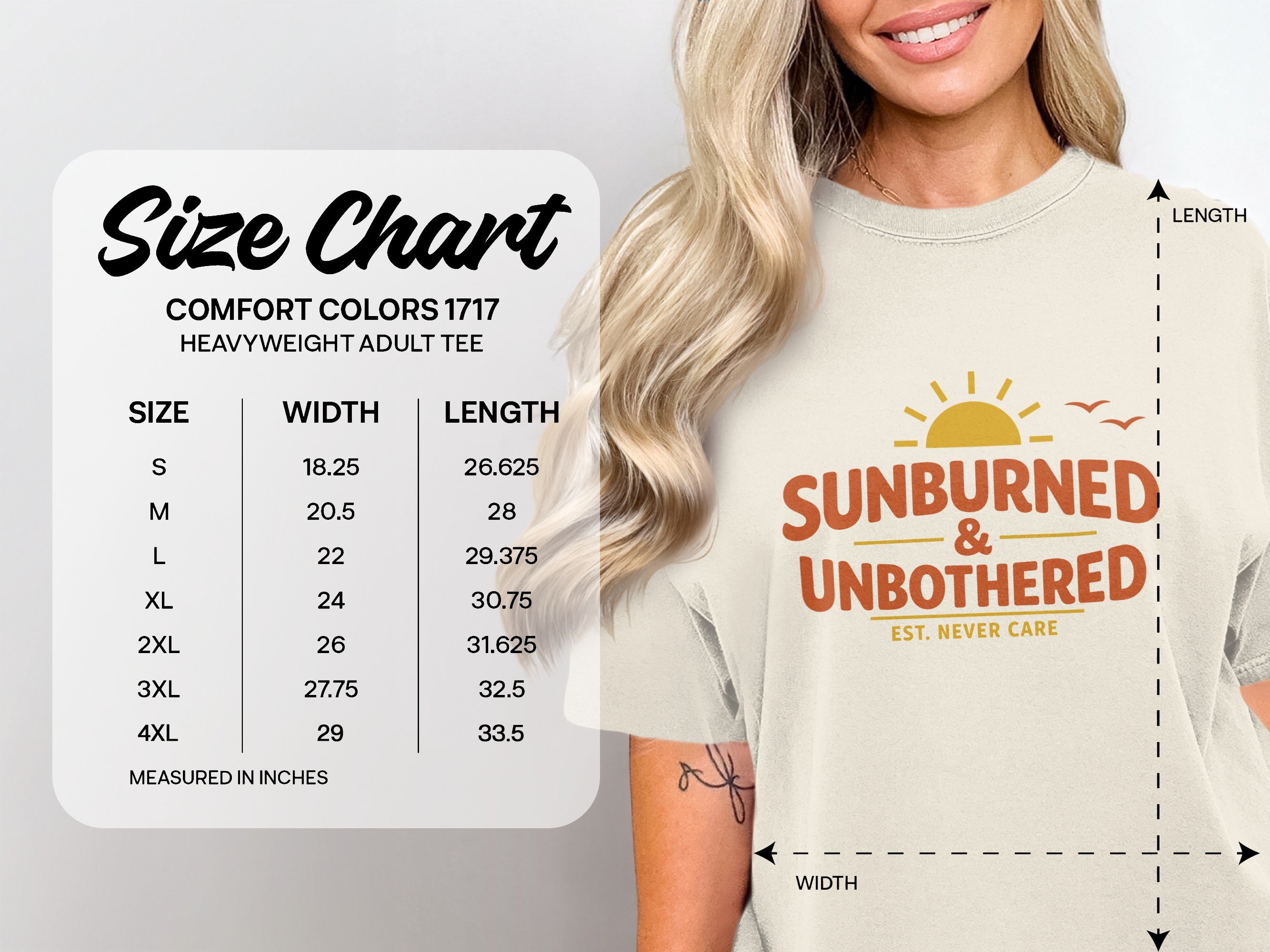 Size chart for Comfort Colors 1717 heavyweight adult tee.