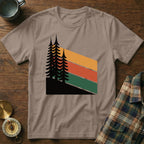 T-shirt with pine trees and striped retro background.