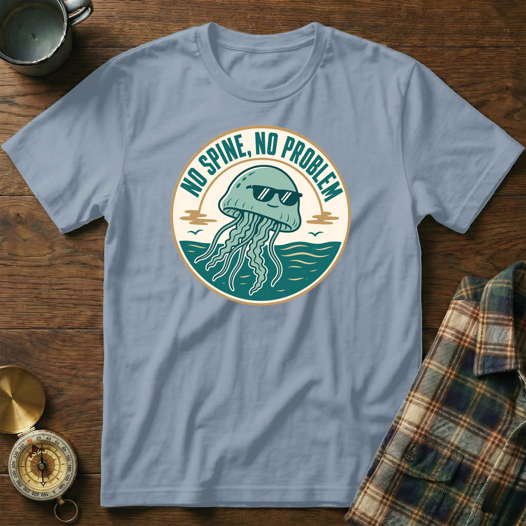 Light blue t-shirt with a cartoon jellyfish wearing sunglasses and text "NO SPINE, NO PROBLEM".