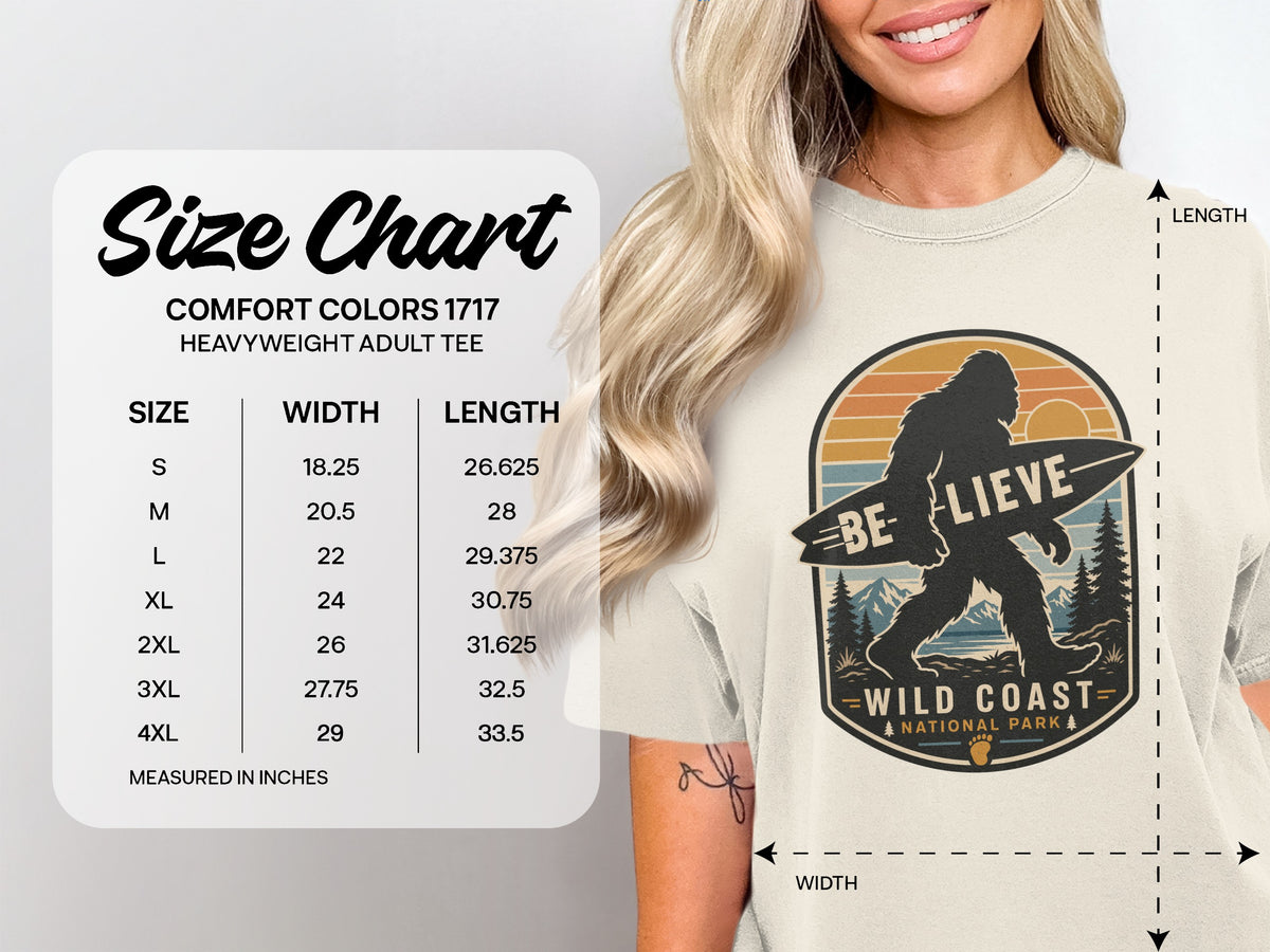 Size chart for Comfort Colors 1717 heavyweight adult tee, with Bigfoot graphic.