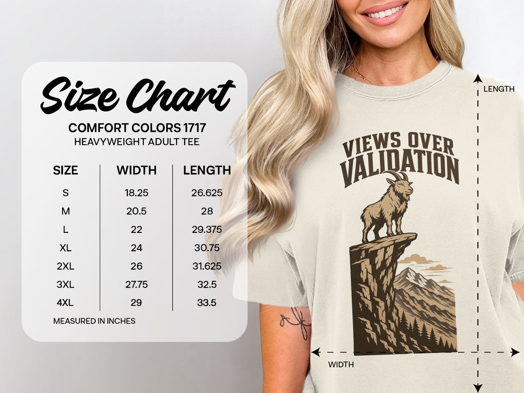 Comfort Colors 1717 size chart for heavyweight adult tees with width and length measurements.
