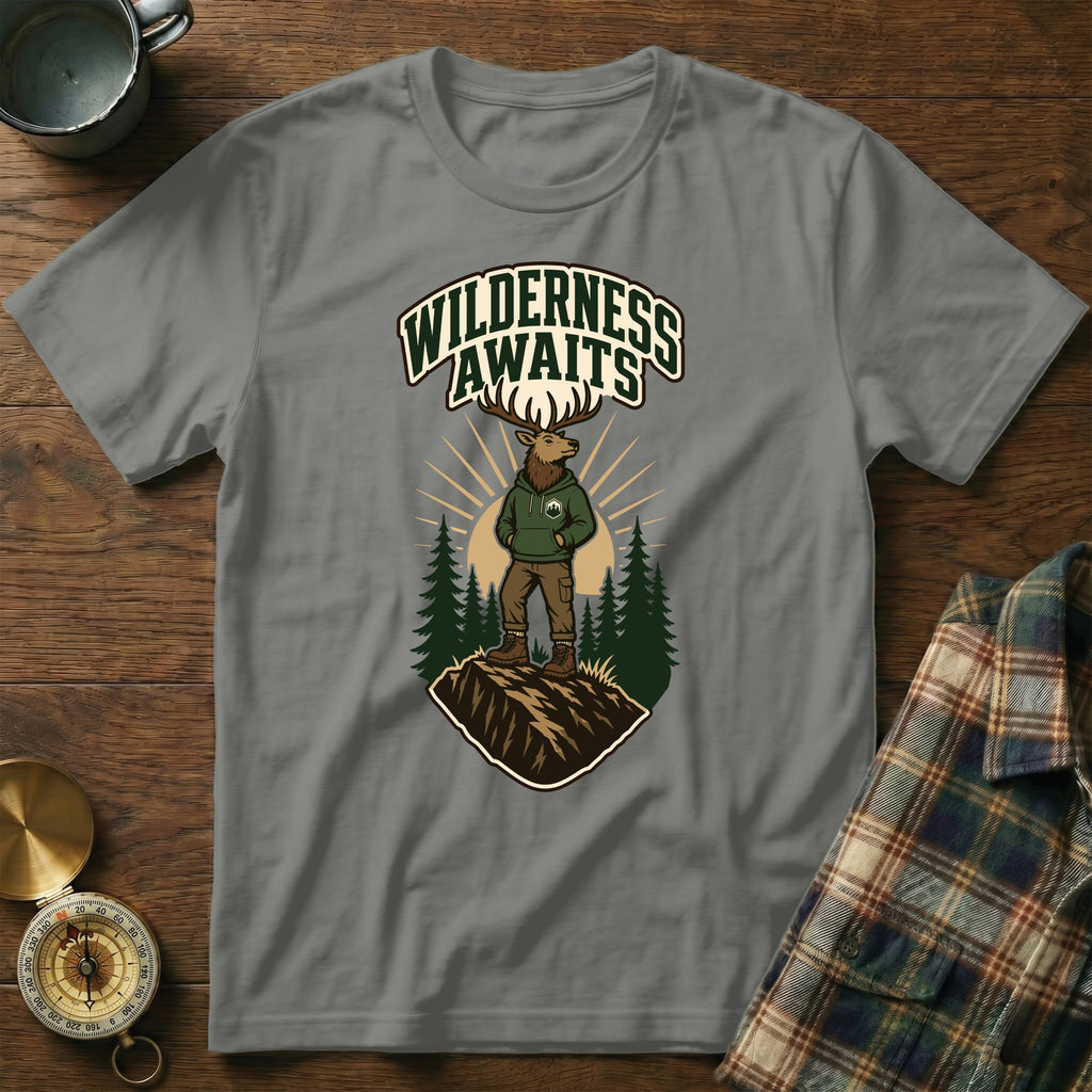 Elk wearing hoodie on mountain, with "Wilderness Awaits" text.