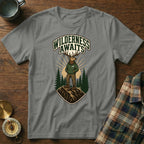 Elk wearing hoodie on mountain, with "Wilderness Awaits" text.
