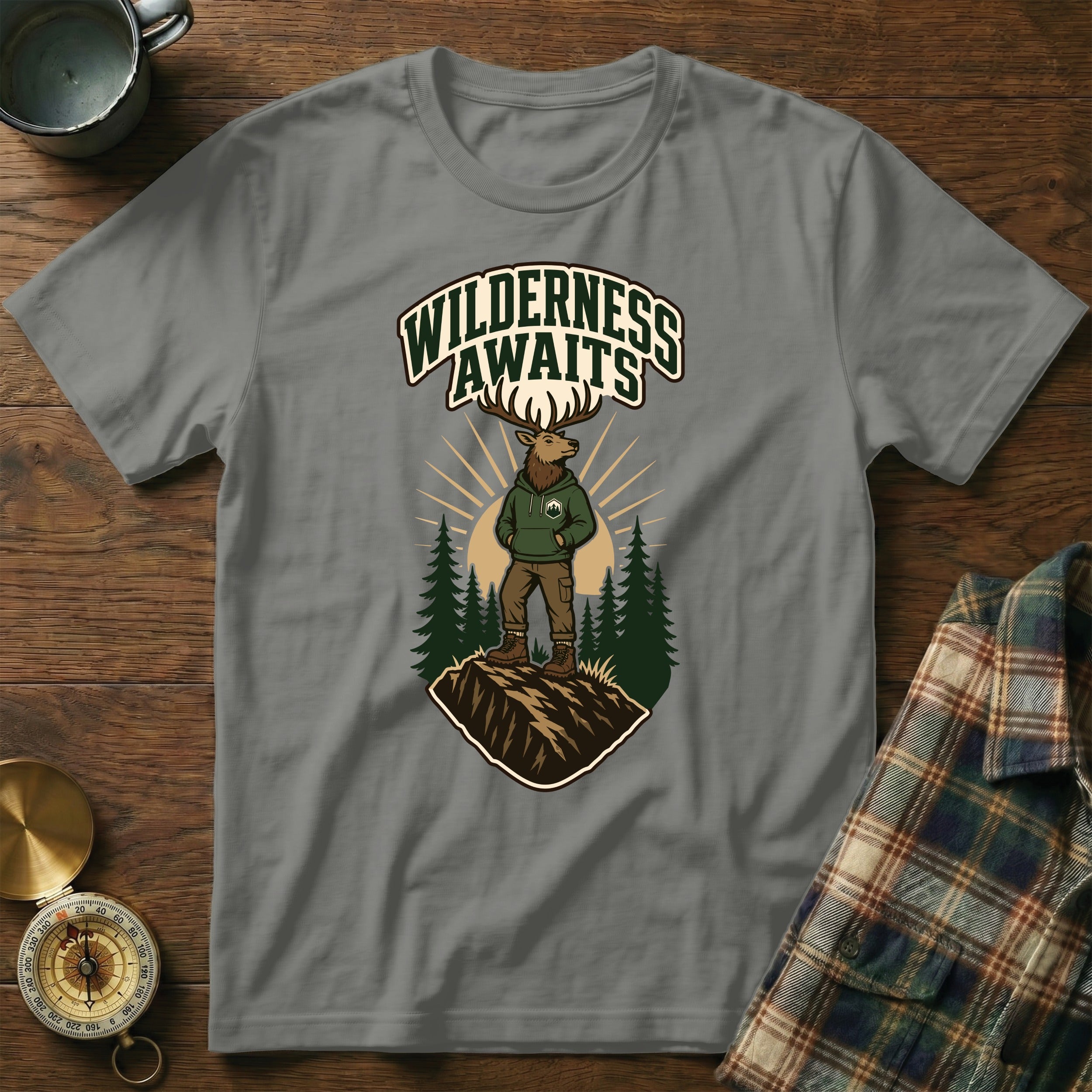 Elk wearing hoodie on mountain, with "Wilderness Awaits" text.