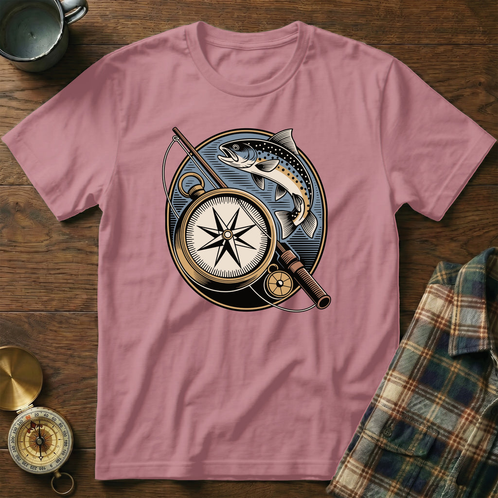 Salmon and compass illustration on a pink t-shirt.