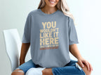 Gray t-shirt with text "YOU WOULDN'T LIKE IT HERE THAT'S WHY WE DO COLD WATER. WIND. NO COMPLAINTS."