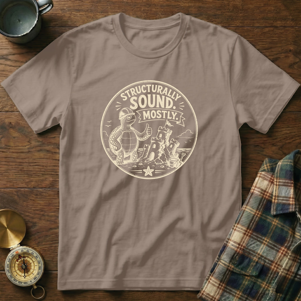T-shirt with a cartoon turtle wearing a hard hat and giving a thumbs up, next to a sandcastle.