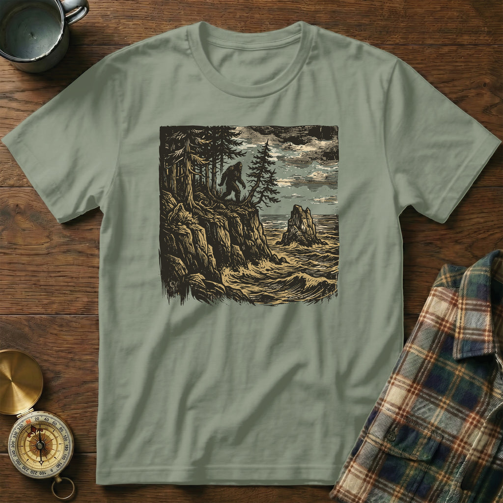 Bigfoot standing on a cliff overlooking a stormy sea, vintage style illustration.