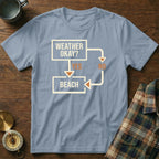 Light blue t-shirt with flowchart graphic asking "Weather Okay?", leading to "Yes" or "No".