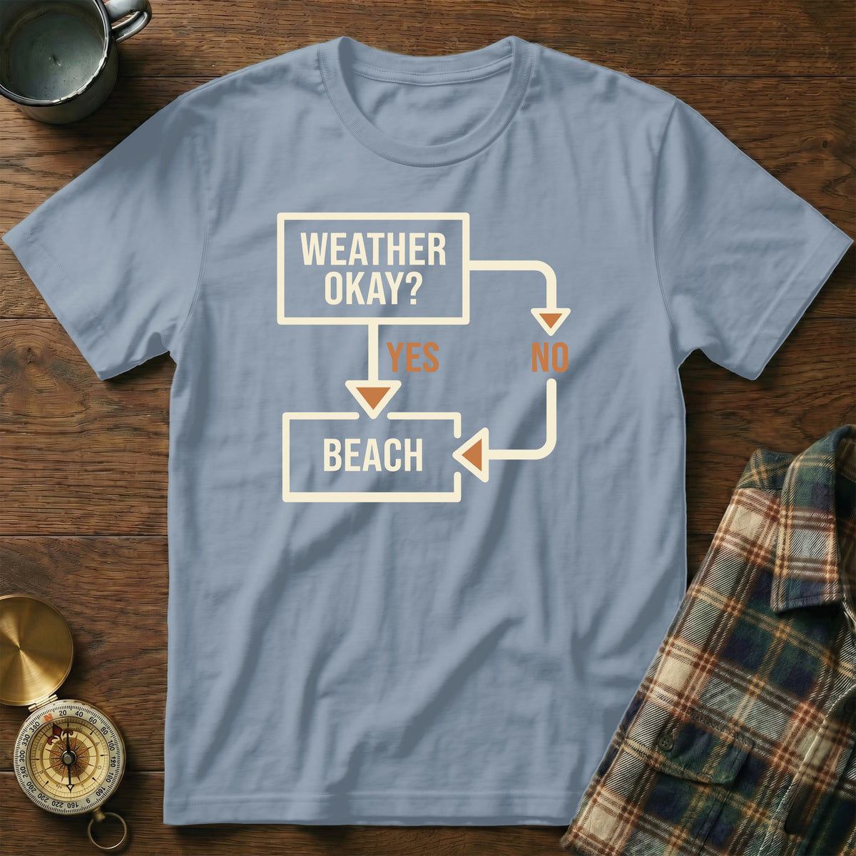 Light blue t-shirt with flowchart graphic asking "Weather Okay?", leading to "Yes" or "No".