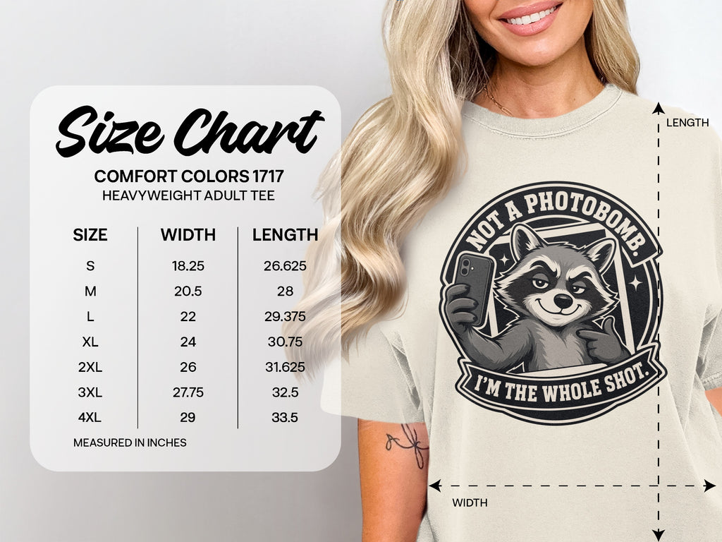 Size chart for Comfort Colors 1717 heavyweight adult tee with raccoon graphic.