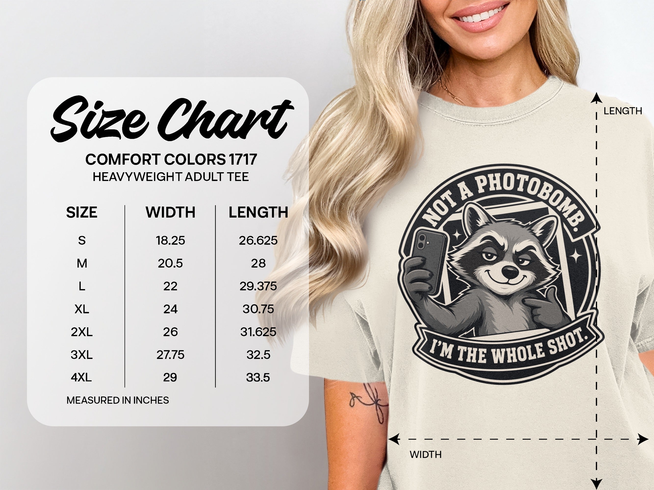 Size chart for Comfort Colors 1717 heavyweight adult tee with raccoon graphic.