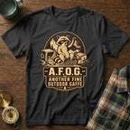 Black t-shirt with raccoon graphic and text "A.F.O.G. Another Fine Outdoor Gaffe".