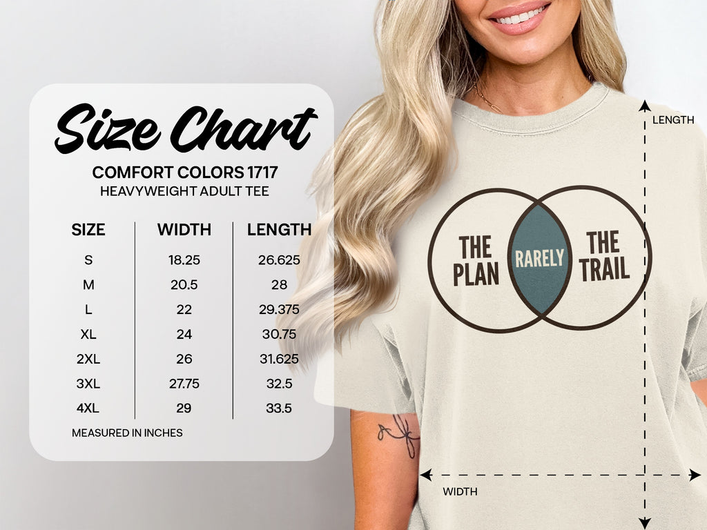 Size chart for Comfort Colors 1717 heavyweight adult tee with width and length measurements.